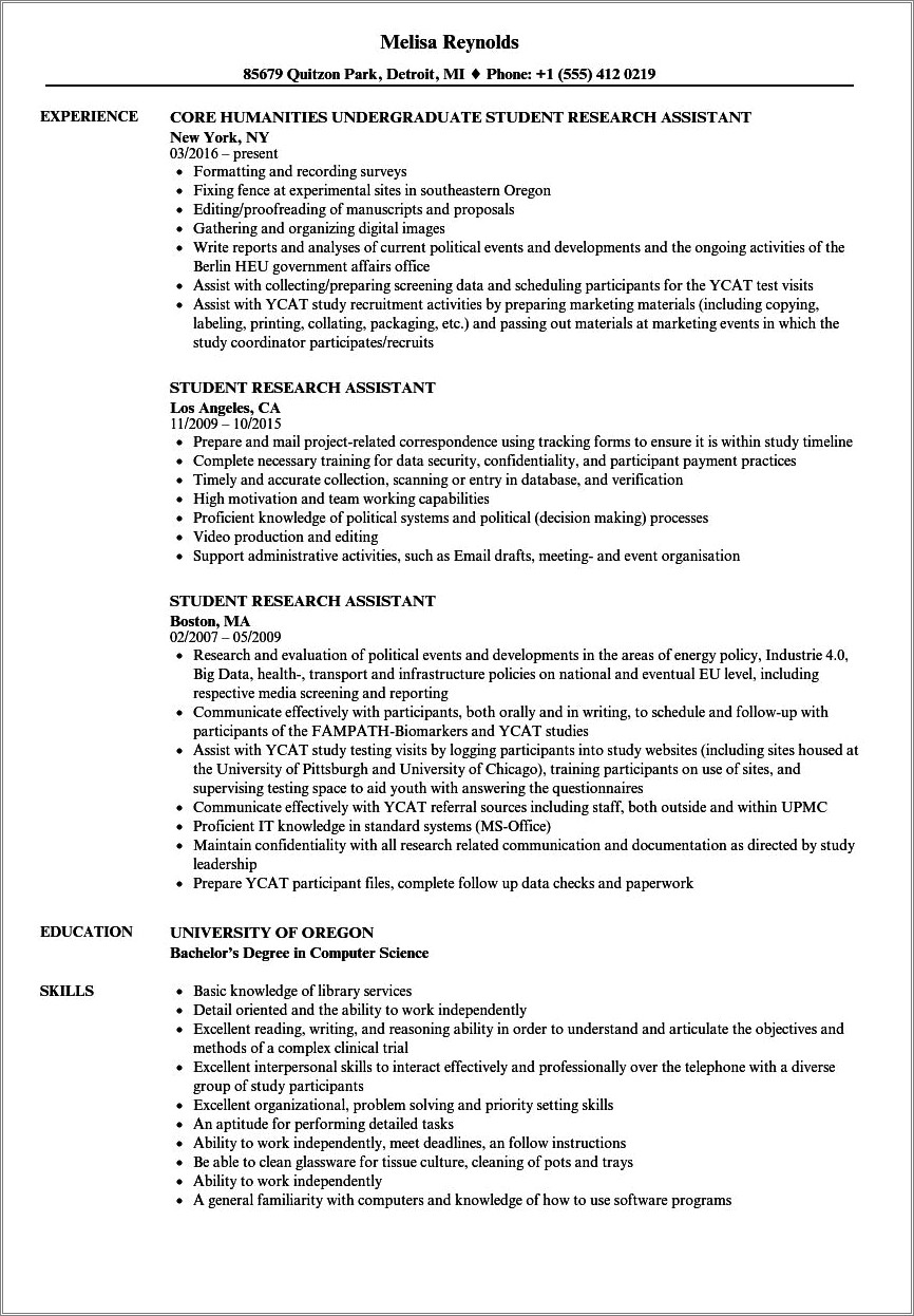 Political Science Research Assistant Sample Resume