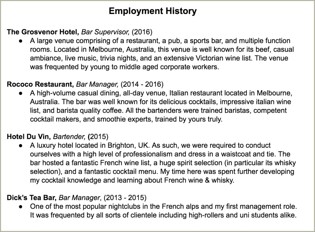 Positive Bartender Job Duties For Resume