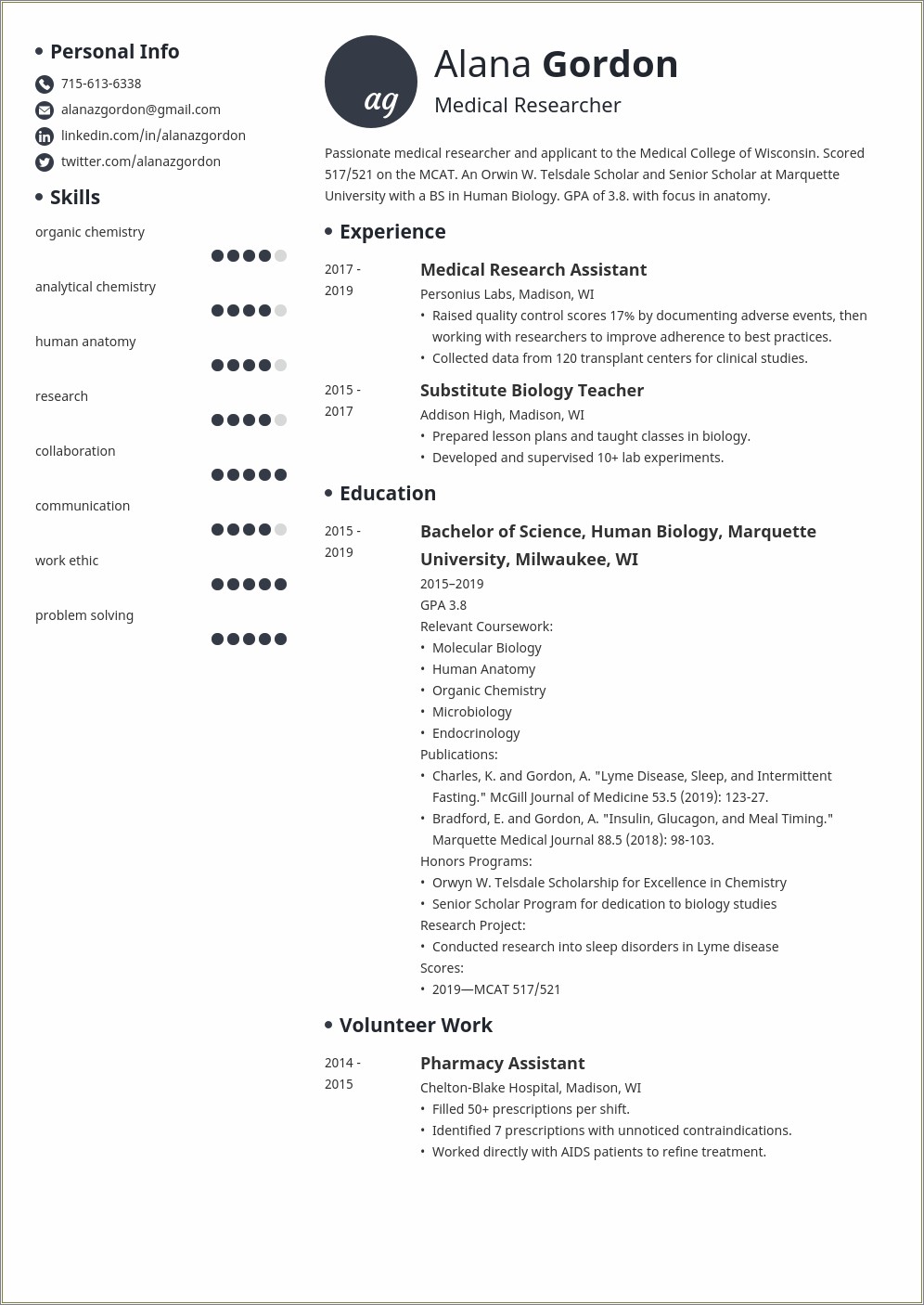 Post Bac Pre Med Resume Example