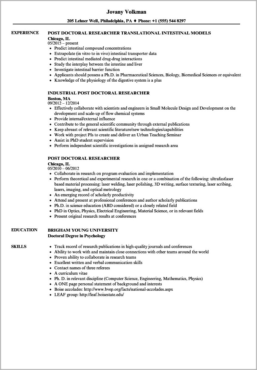 Postdoctoral Fellow Resume Sample For Industry