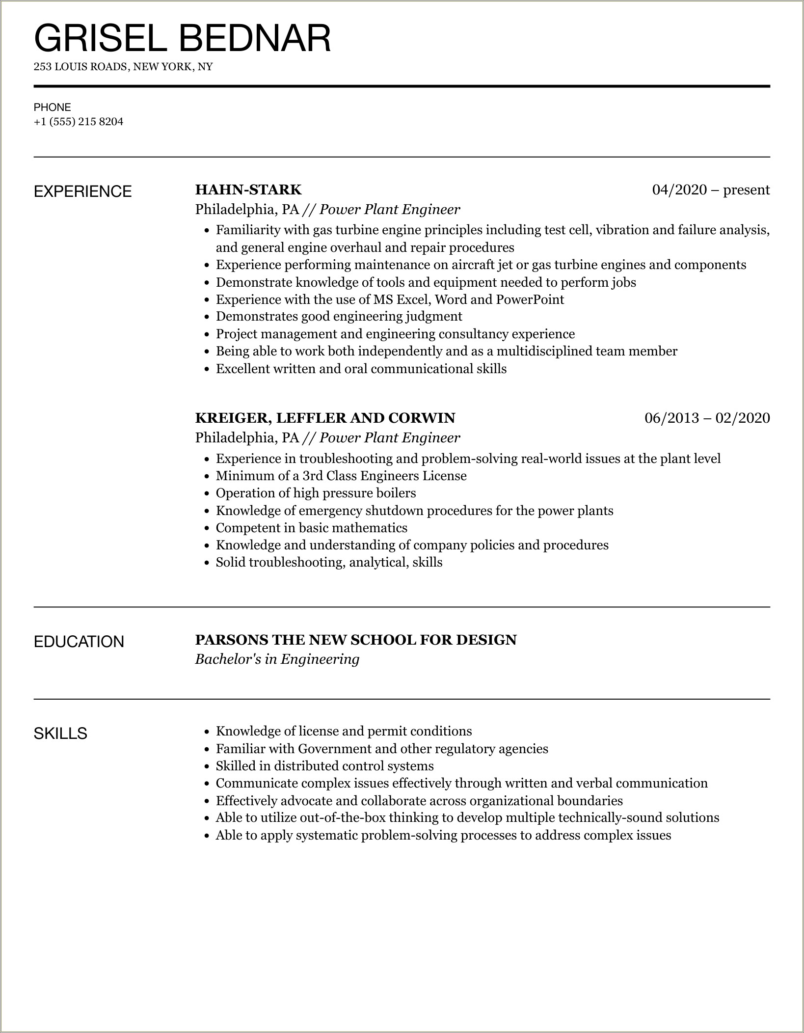 Power Plant Entry Level Mechanical Experience Resume