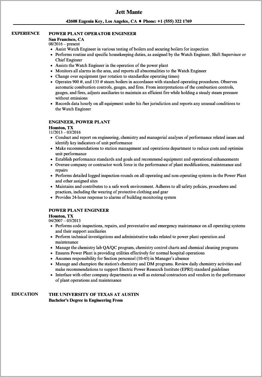 Power Plant Experience Electrical Engineer Resume