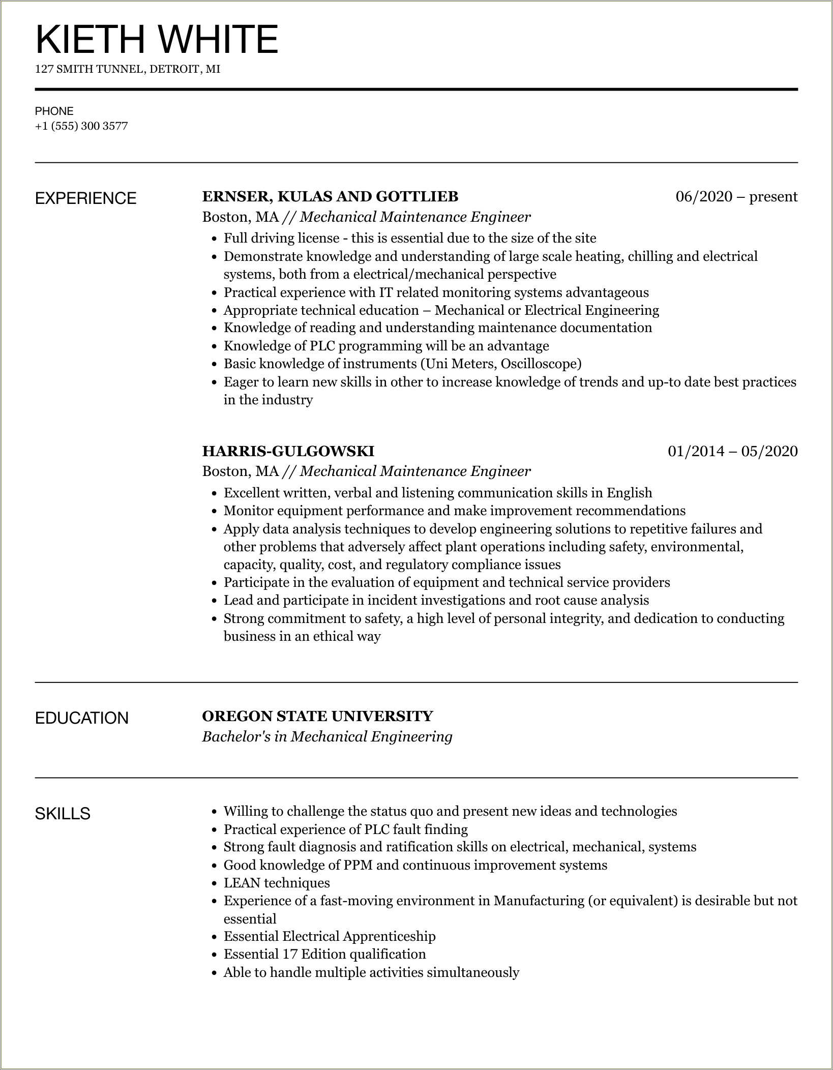 Power Plant Mechanical Maintenance Engineer Resume Samples