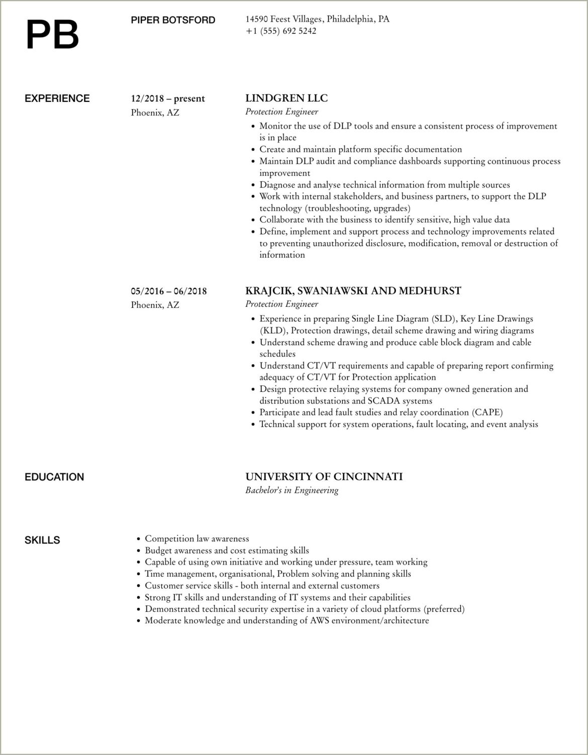 Power System Protection Engineer Resume Sample