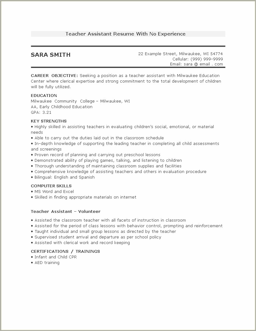 Pre School Teacher Assistant Resume Examples