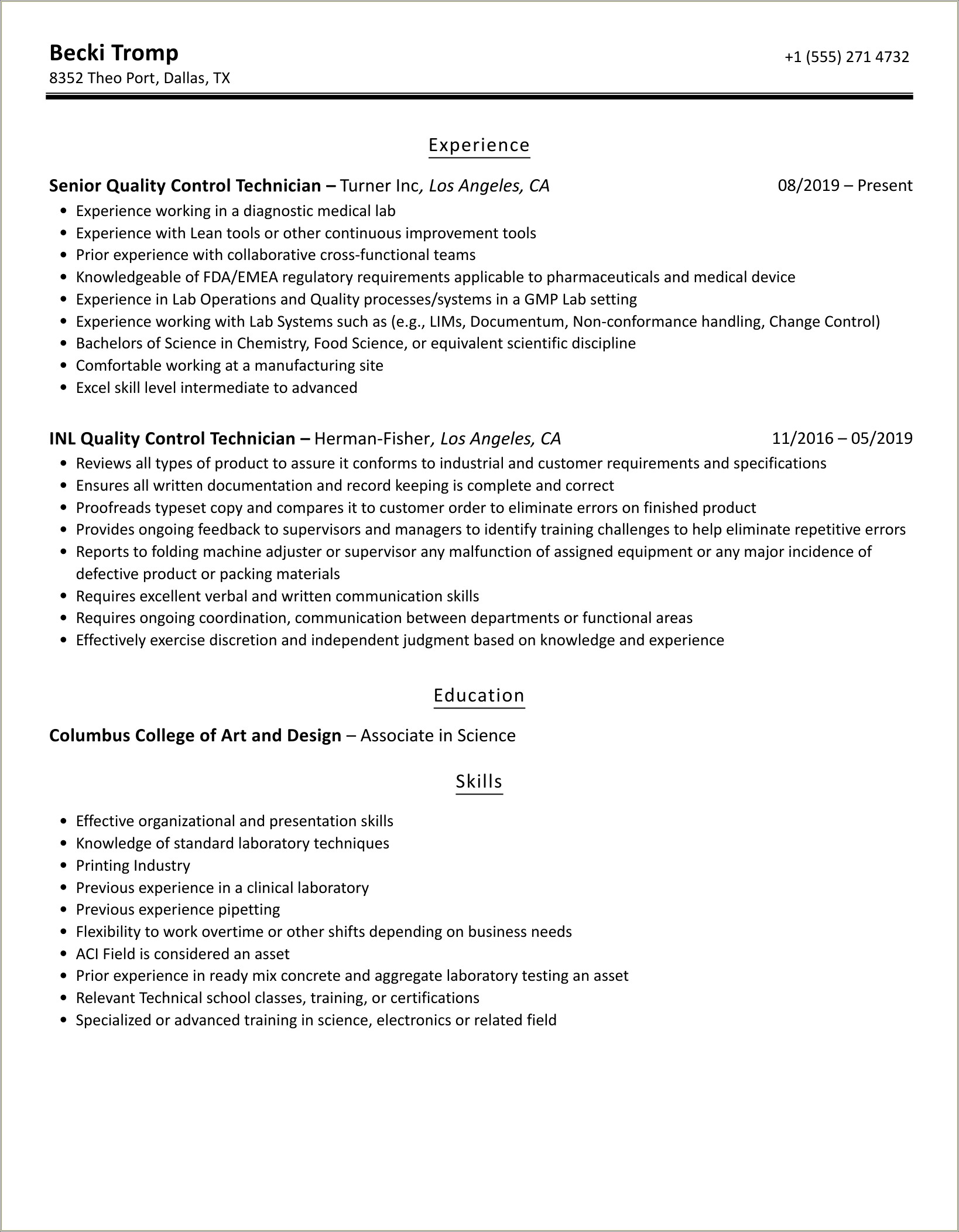 Precast Concrete Quality Control Resume Template