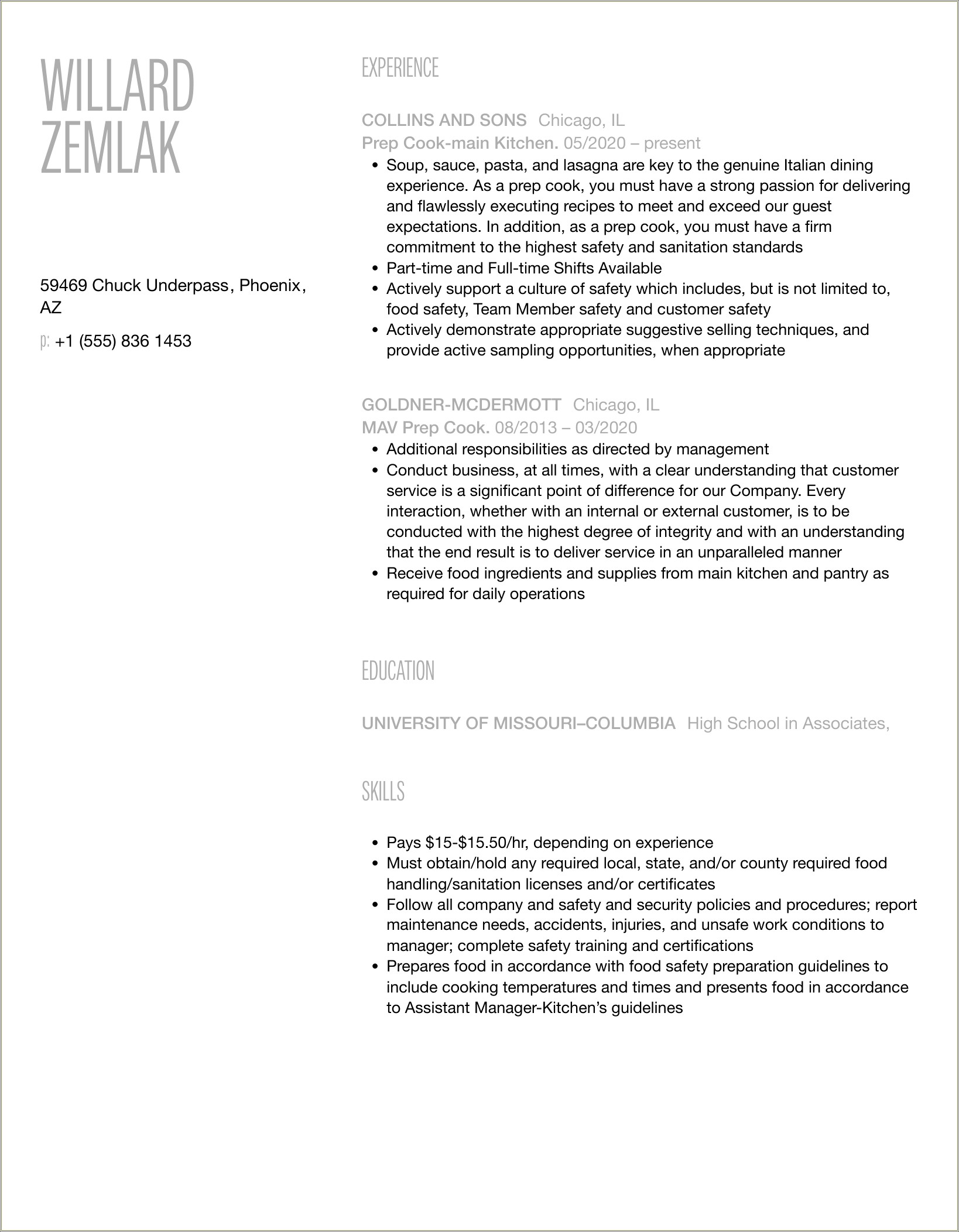 Prep Cook At Rescue Mission Resume Sample