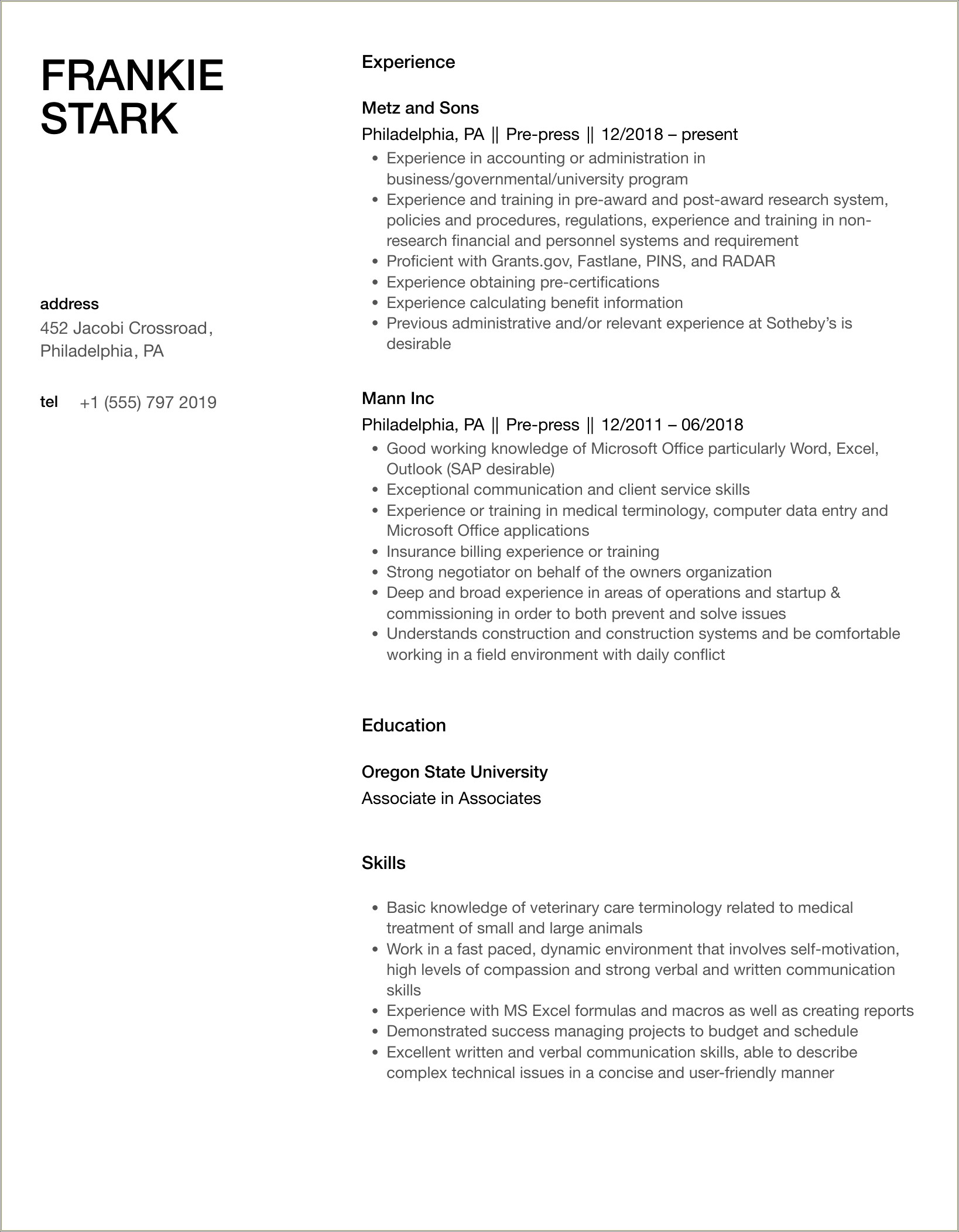 Prepress Manager For A Printing Company Resume