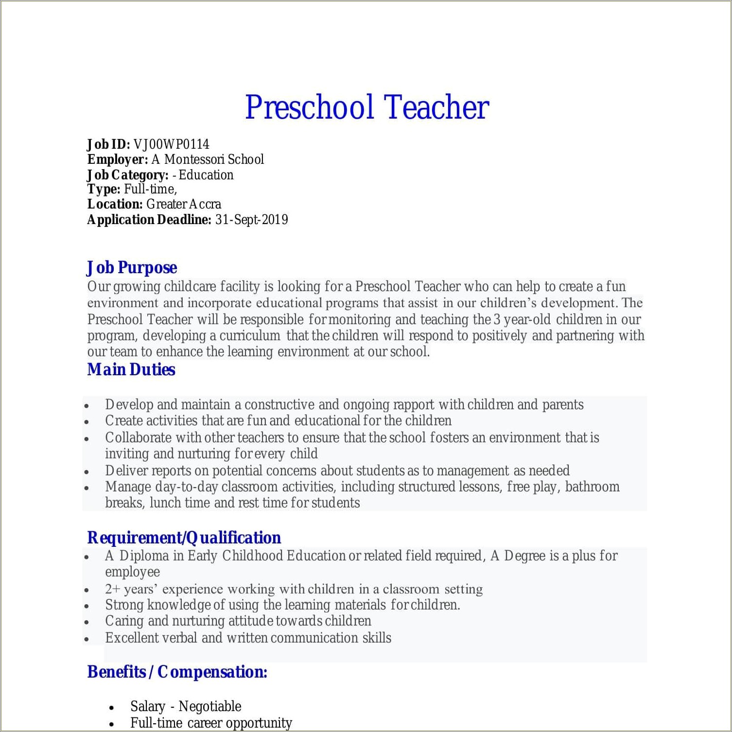 Preschool Teacher Job Duties For A Resume
