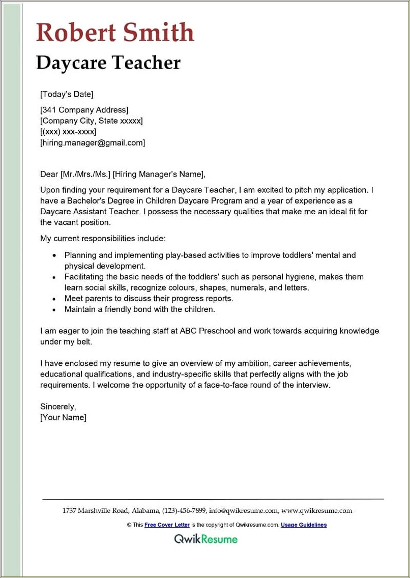 Preschool Teacher Resume Cover Letter Sample