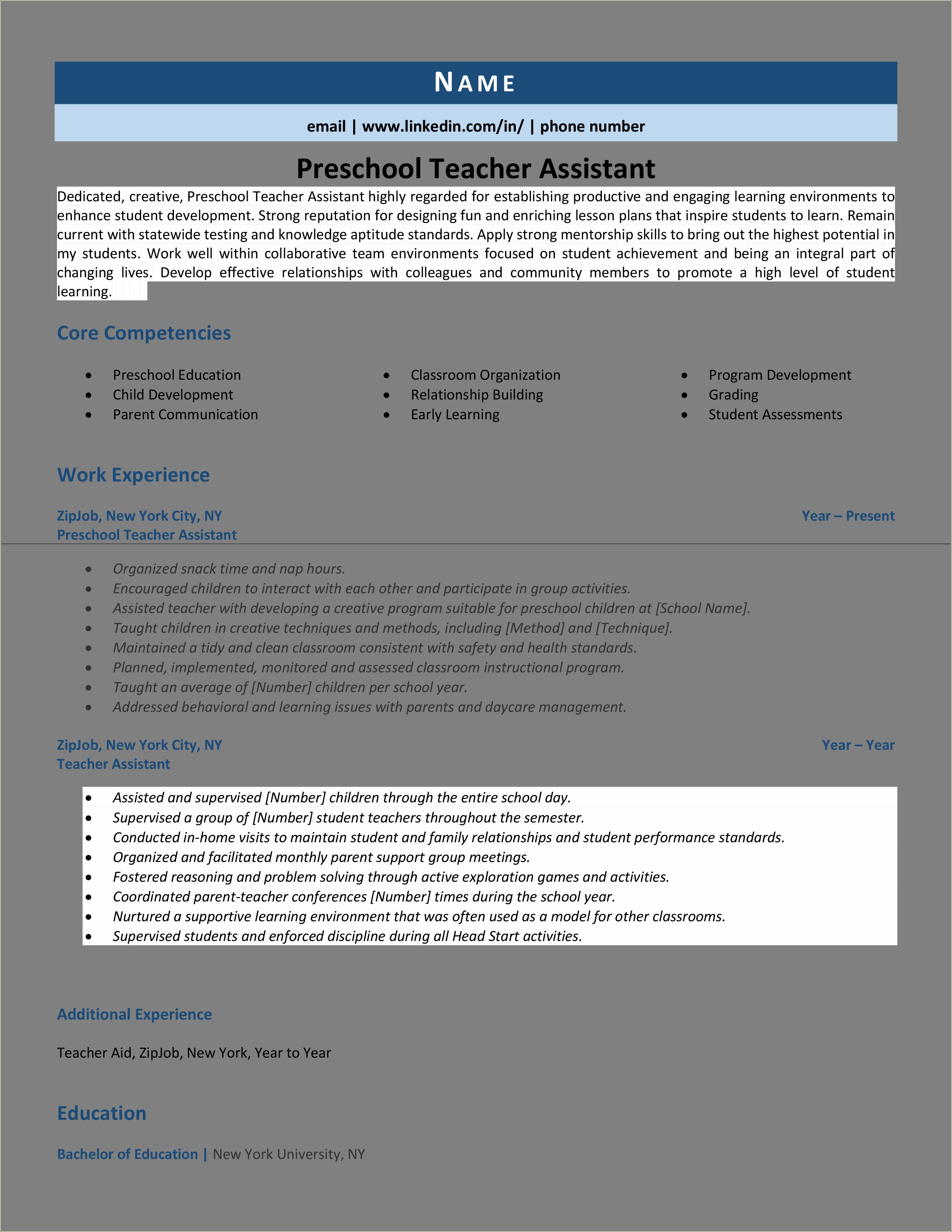 Preschool Teacher's Aide Resume Sample