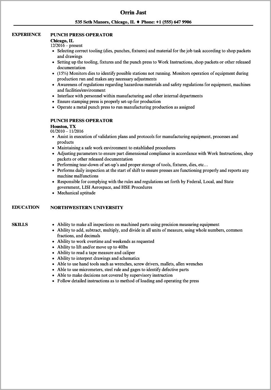 Press Operator Job Description For Resume