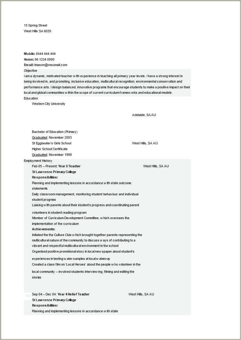 Primary Teacher Resume Format In Word Free Download