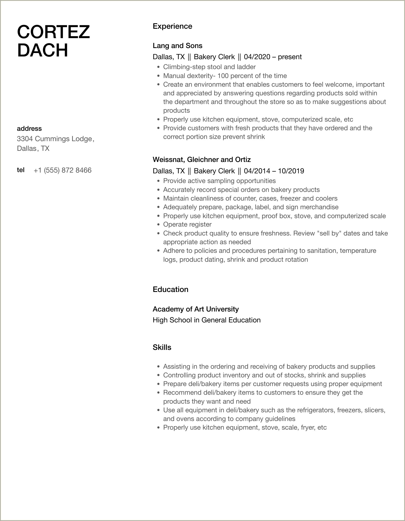 Printable Bakery Clerk Job Description For Resume