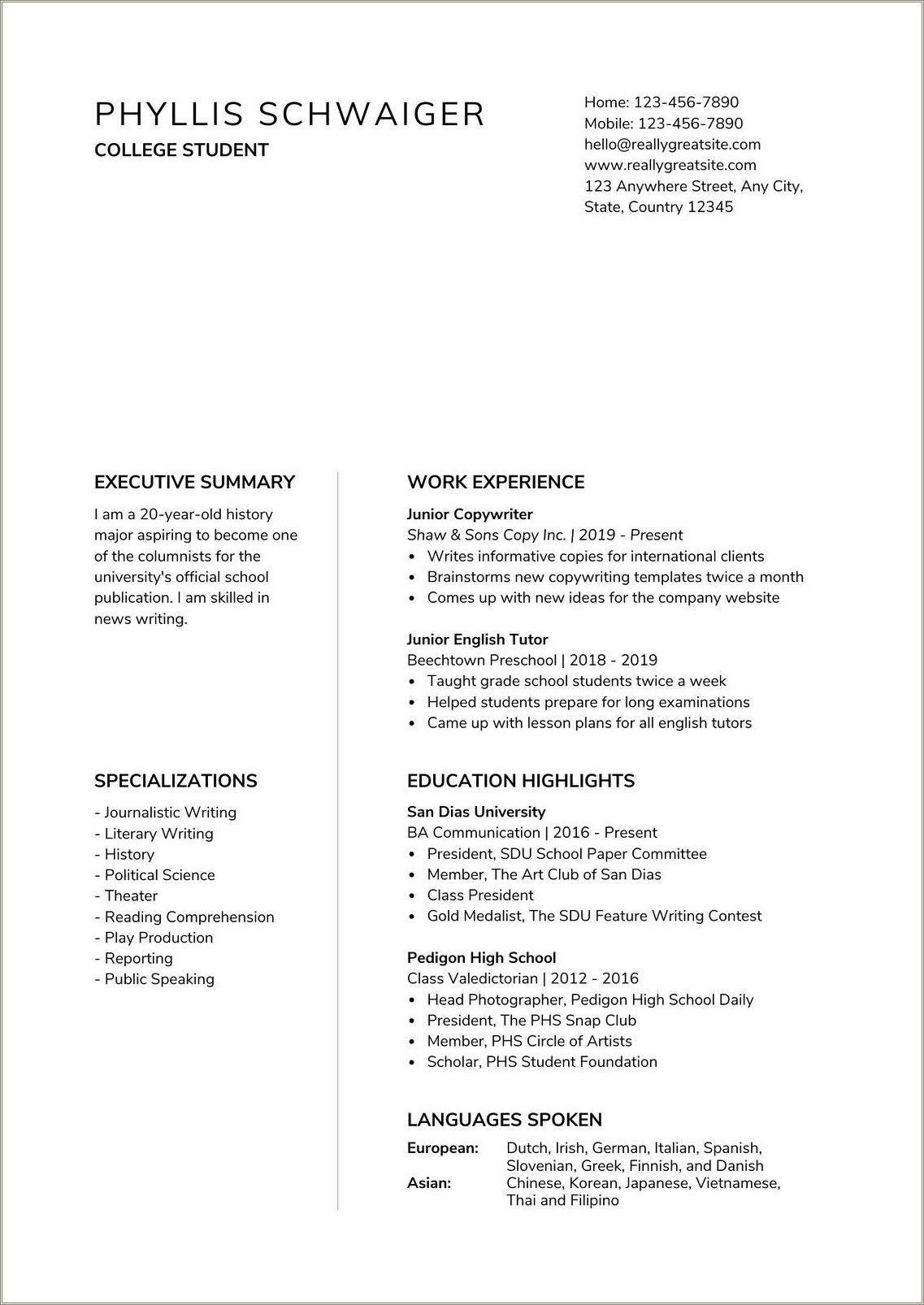 Printable Sample Resume For High School Student
