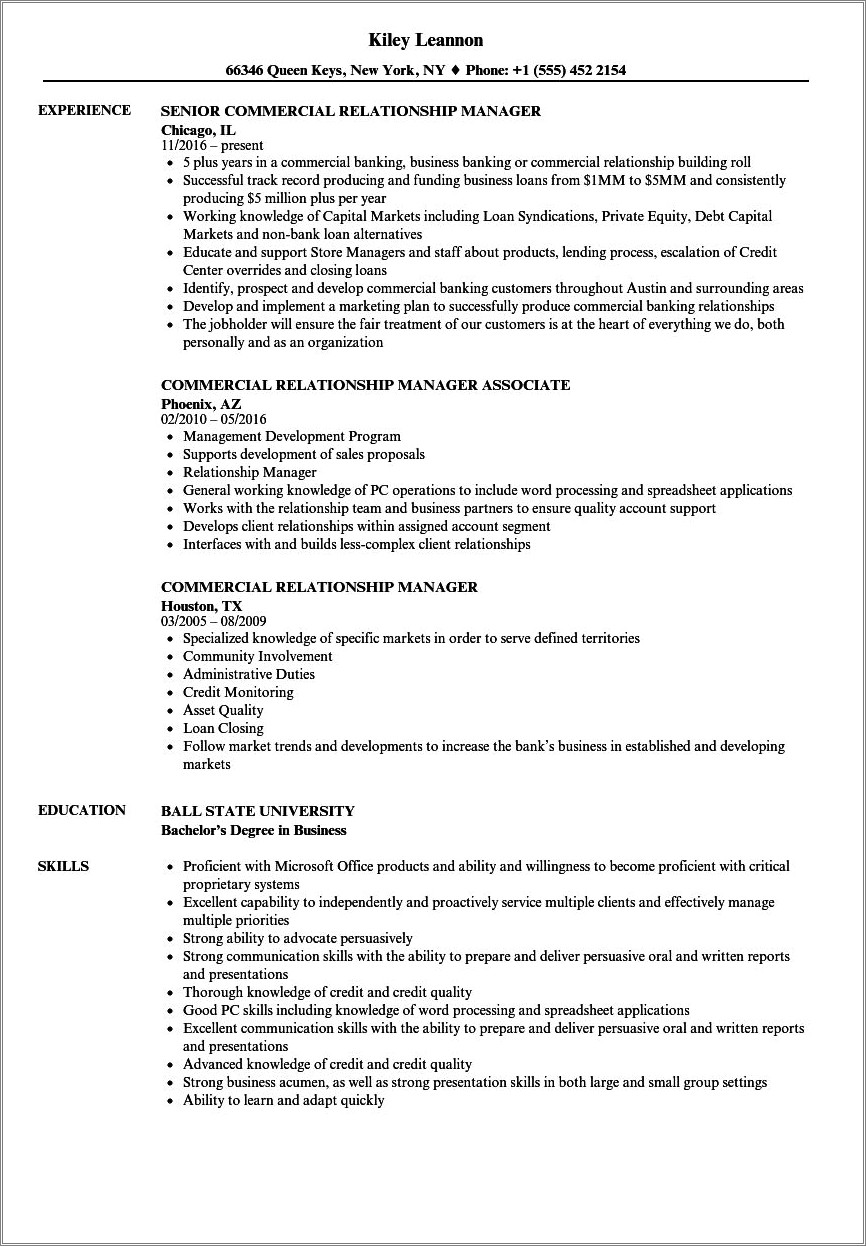 Private Banking Relationship Manager Resume Sample