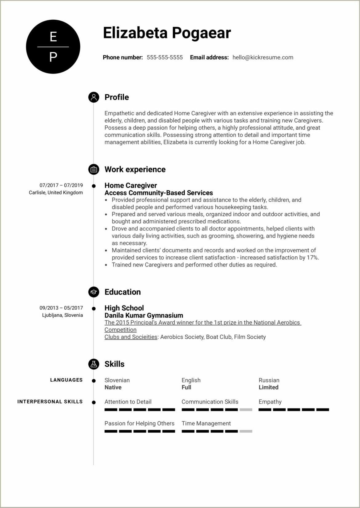 Private Caregiver For Elderly Resume Samples