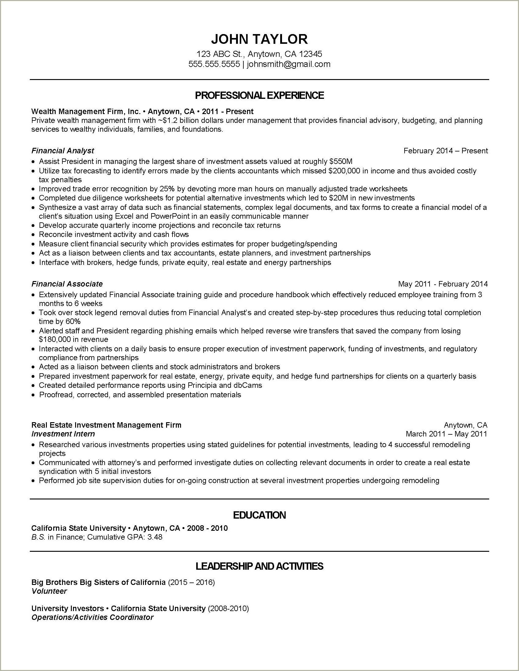Private Wealth Management Co Op Resume
