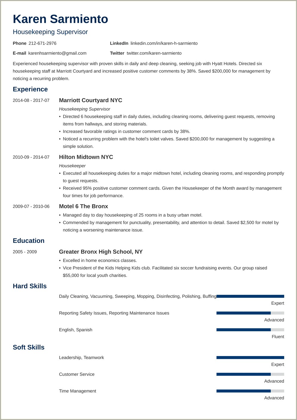 Privite Housekeeping Job Description For Resume