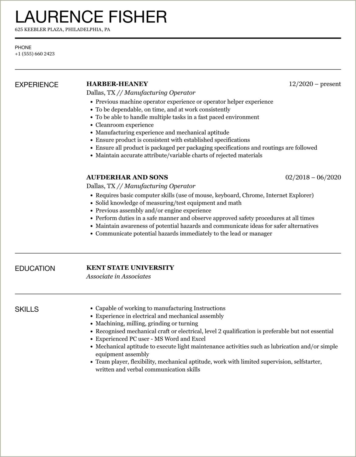 Process Operator Resume With No Experience