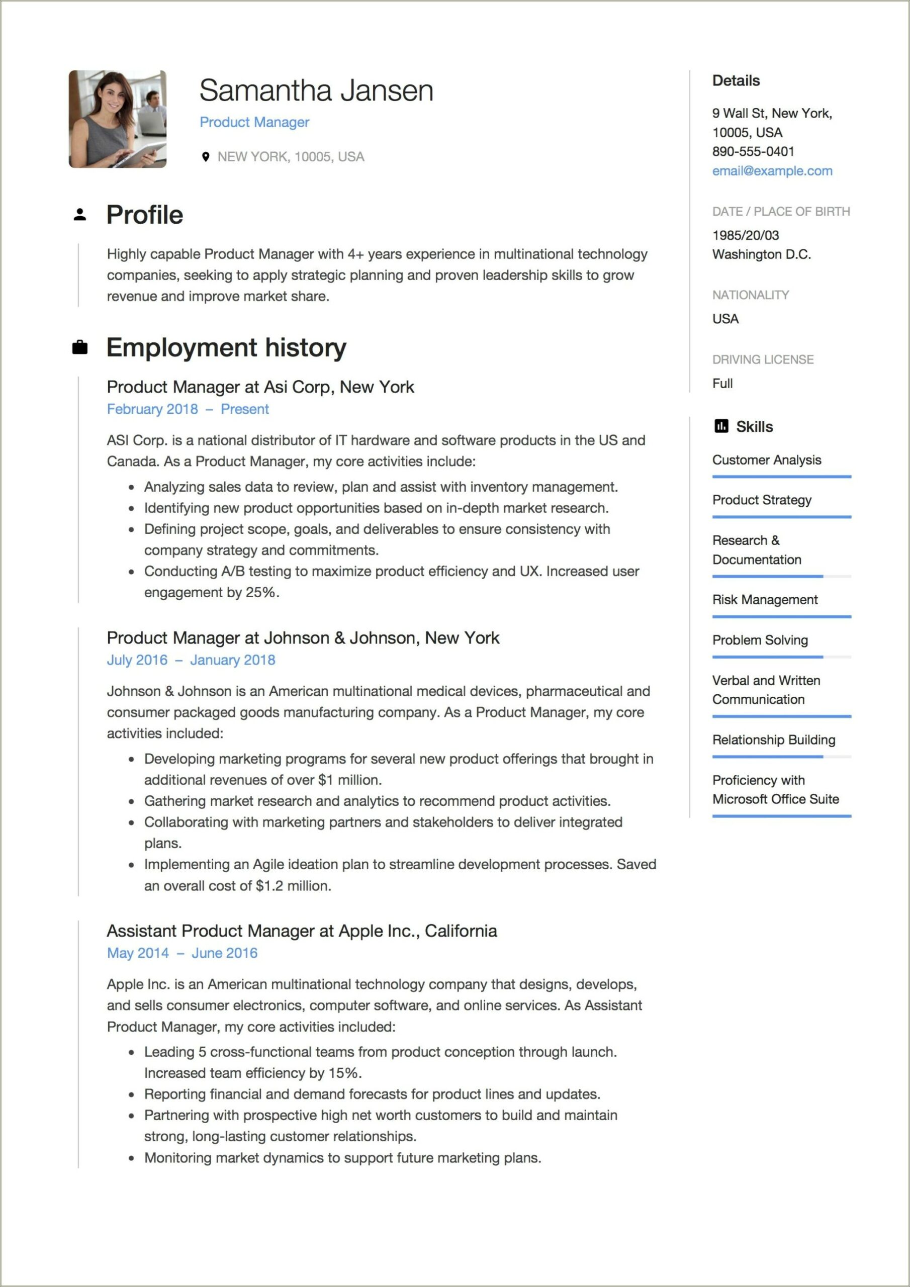 Product Manager Description For A Resume