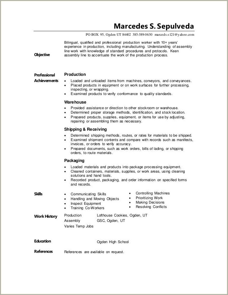 Production Assembler Job Description For Resume