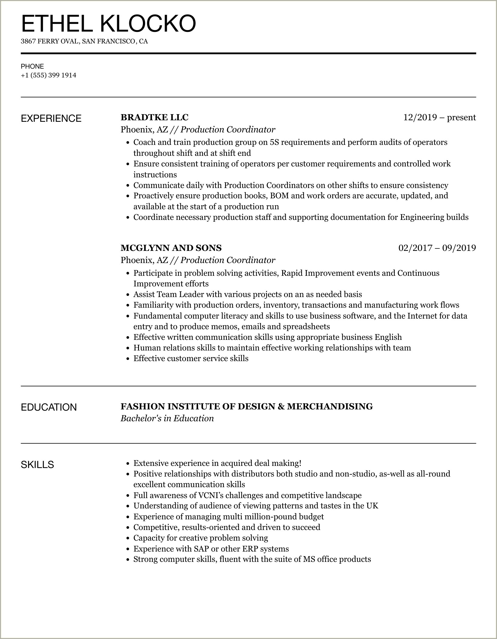 Production Coordinator Merchandiser Profile Summary Top Resumes