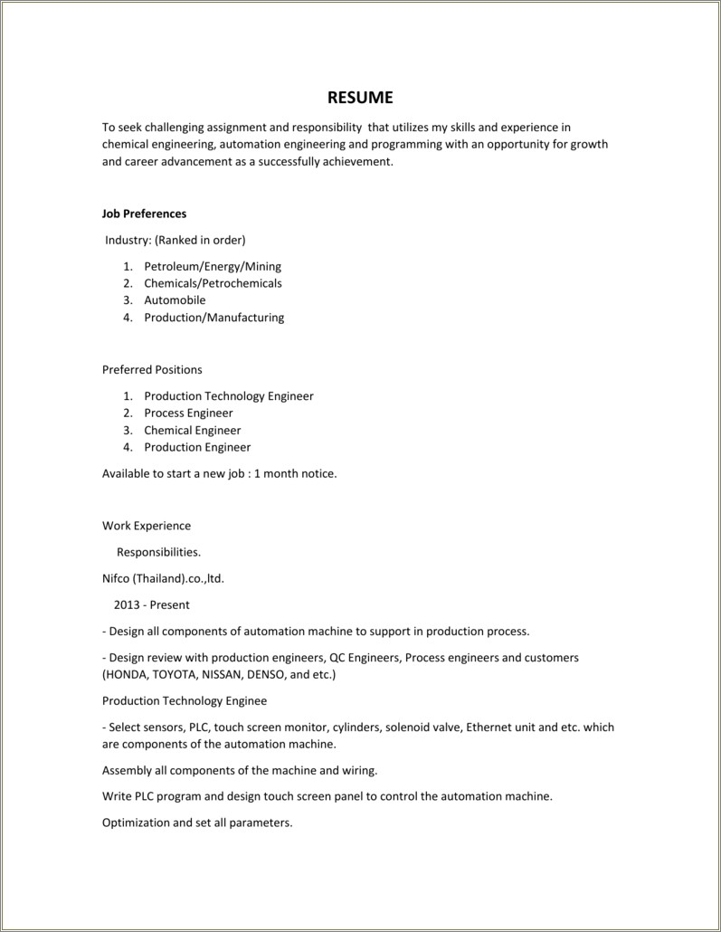 Production Engineer Job Role For Resume