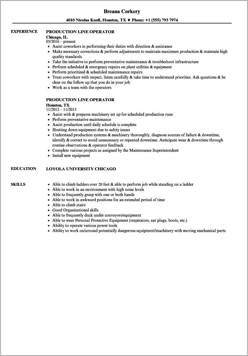 Production Line Worker Job Description For Resume