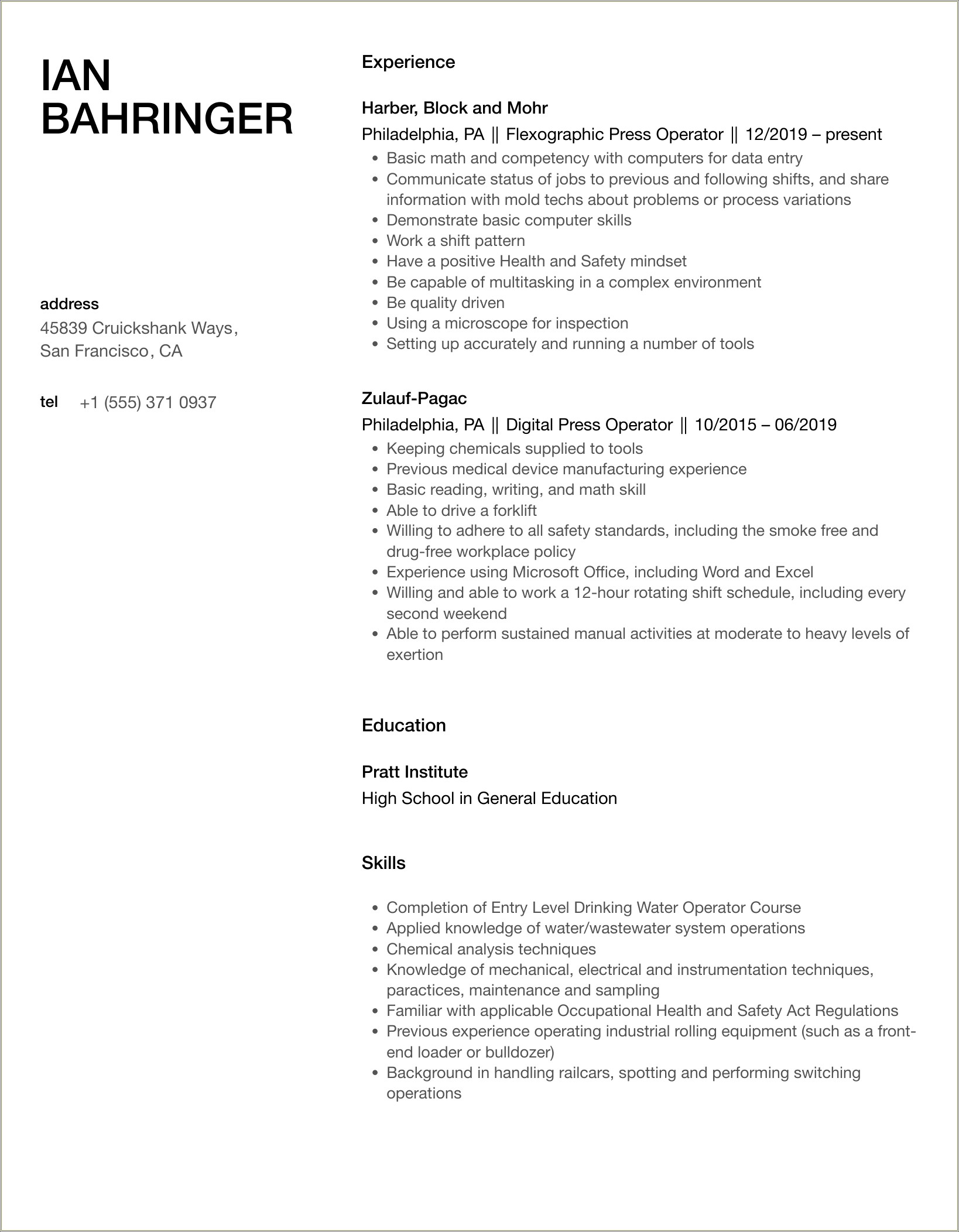 Production Manager Head Press Operator Resume