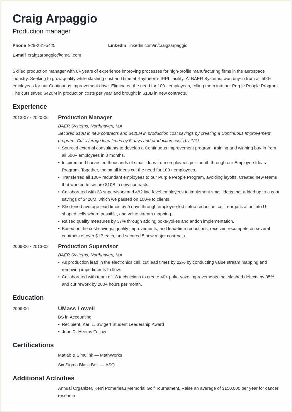 Production Manager Job Description For Resume