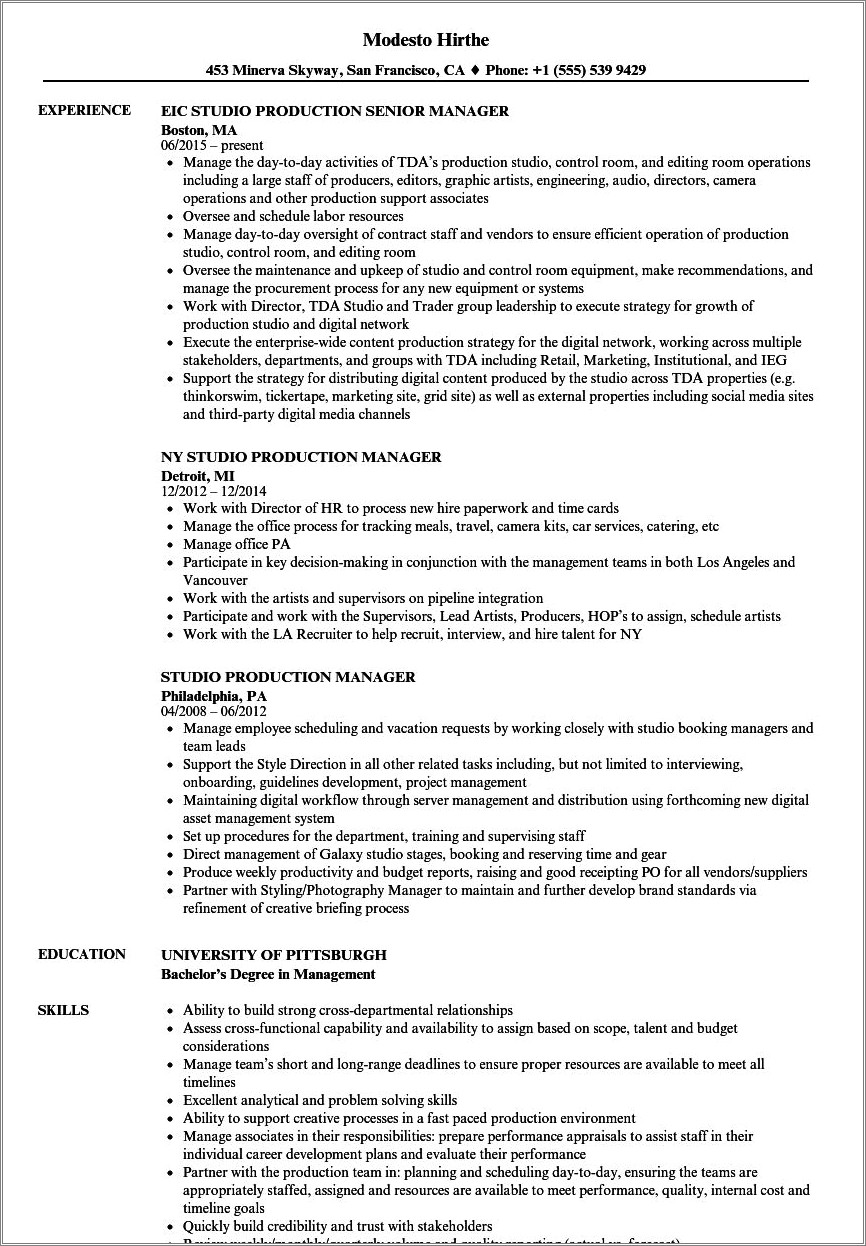 Production Studio Intern Job Description For Resume
