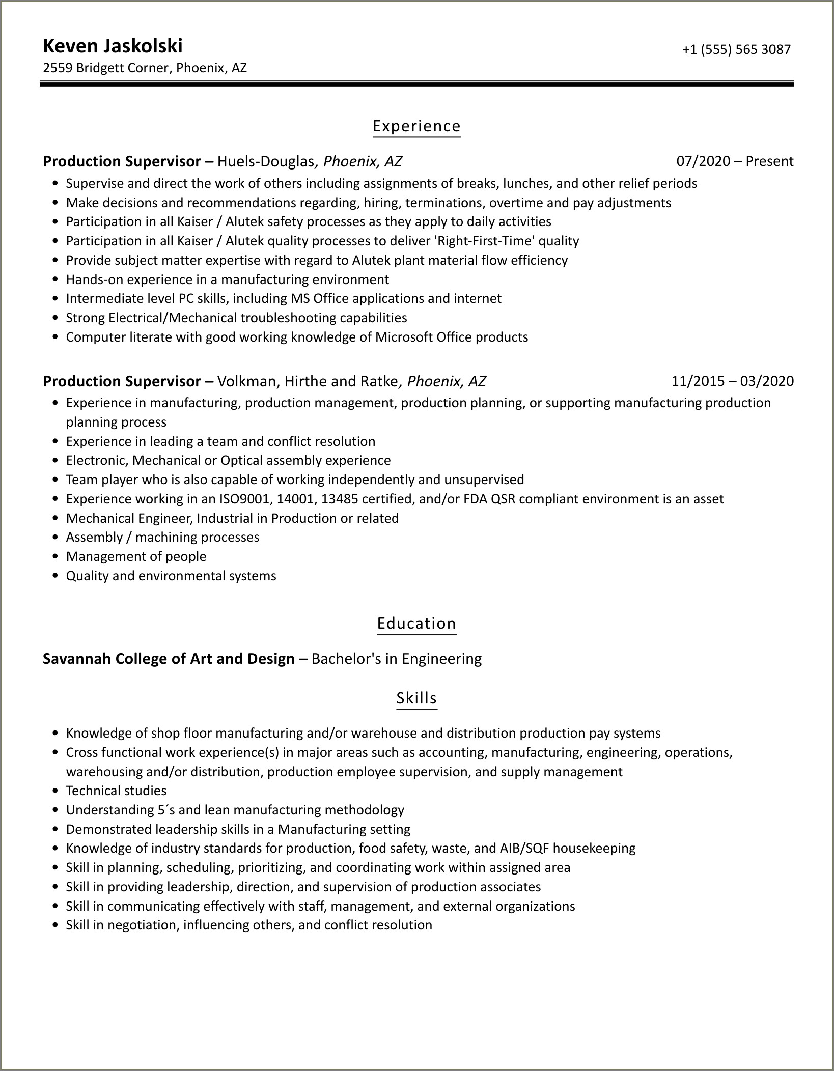 Production Supervisor Manpower Sample In A Resume