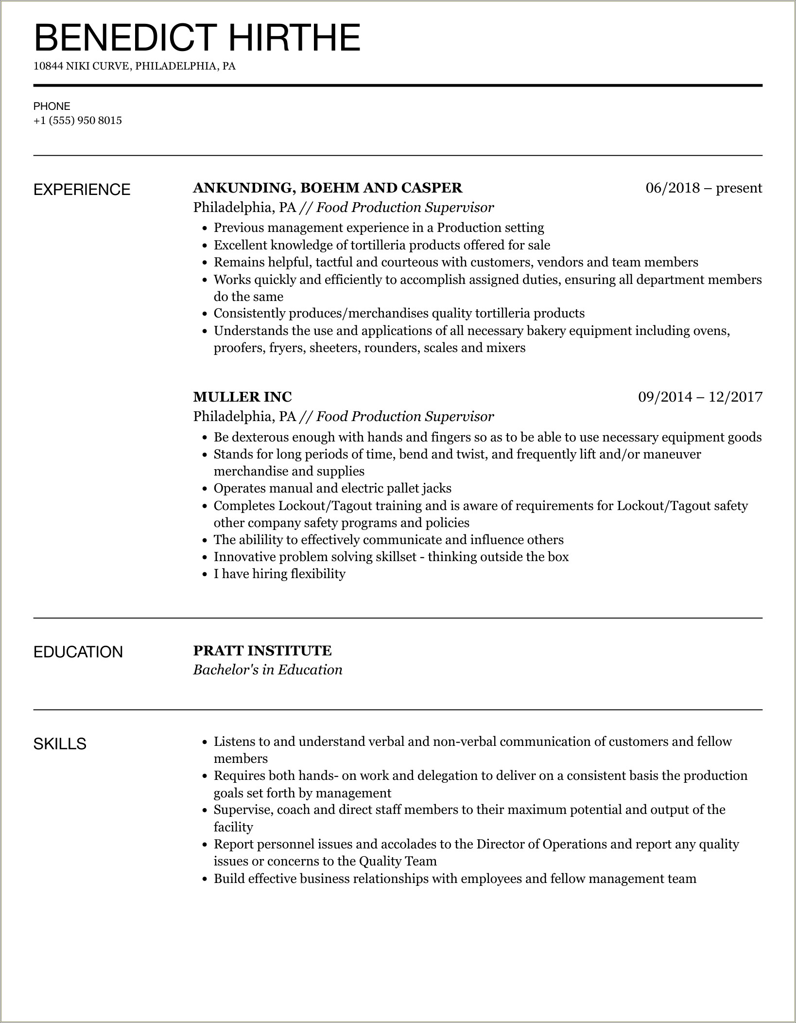 Production Supervisor Resume 3 Years Experience