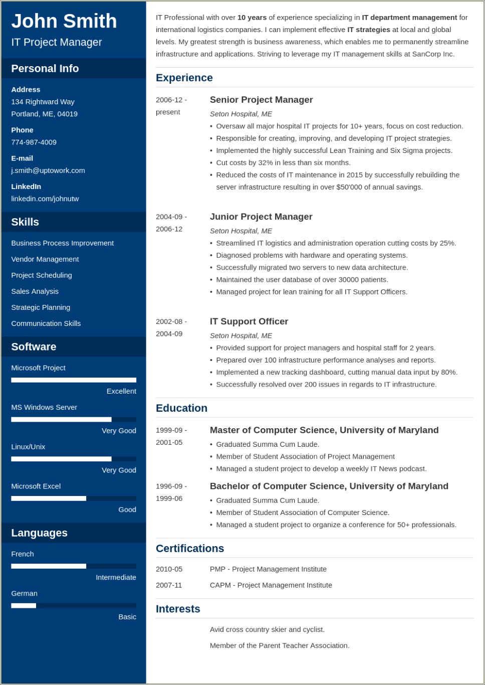 Profession One Page Cv Resume Theme Free Download