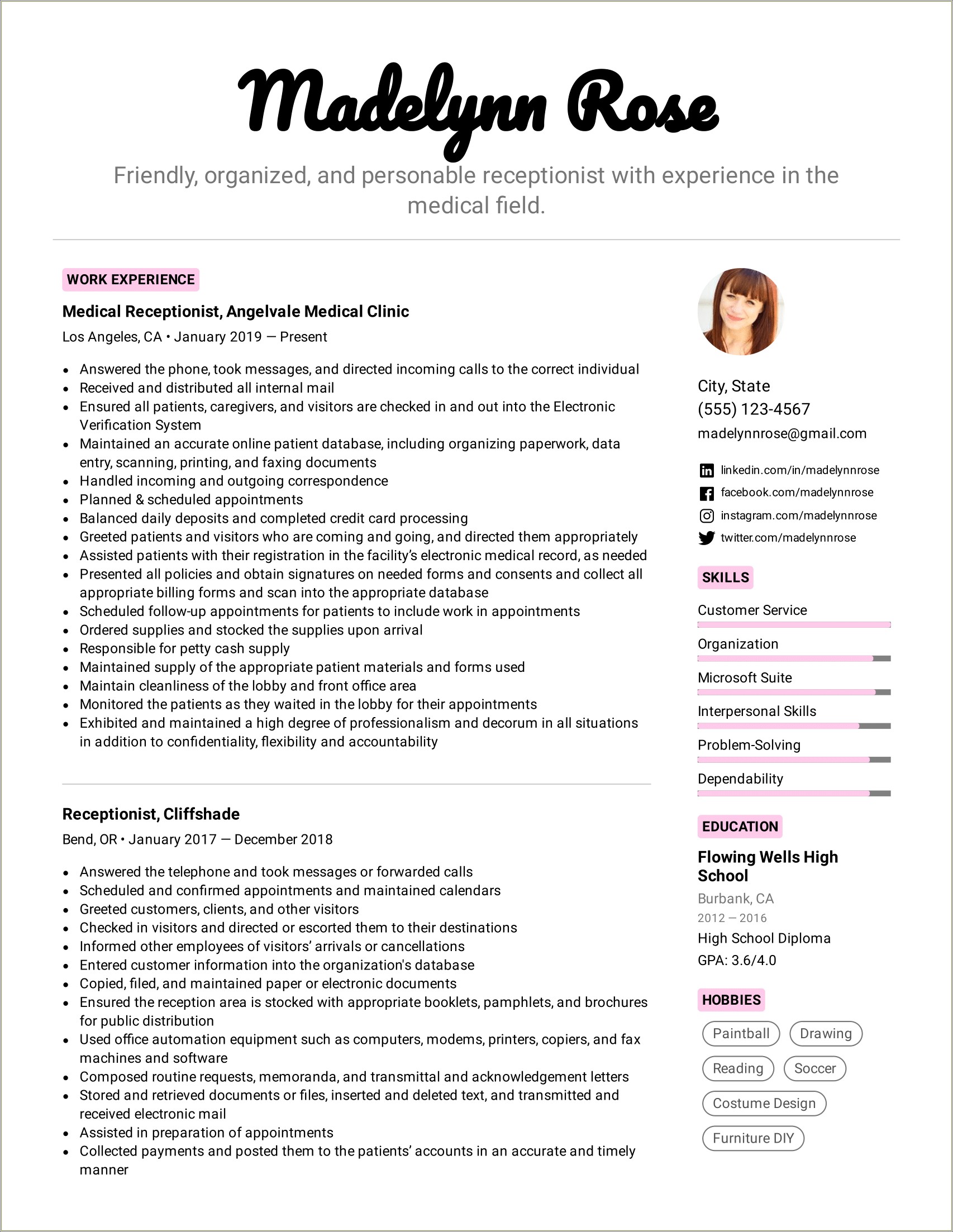 Professional Achievements Examples For Receptionist Resume
