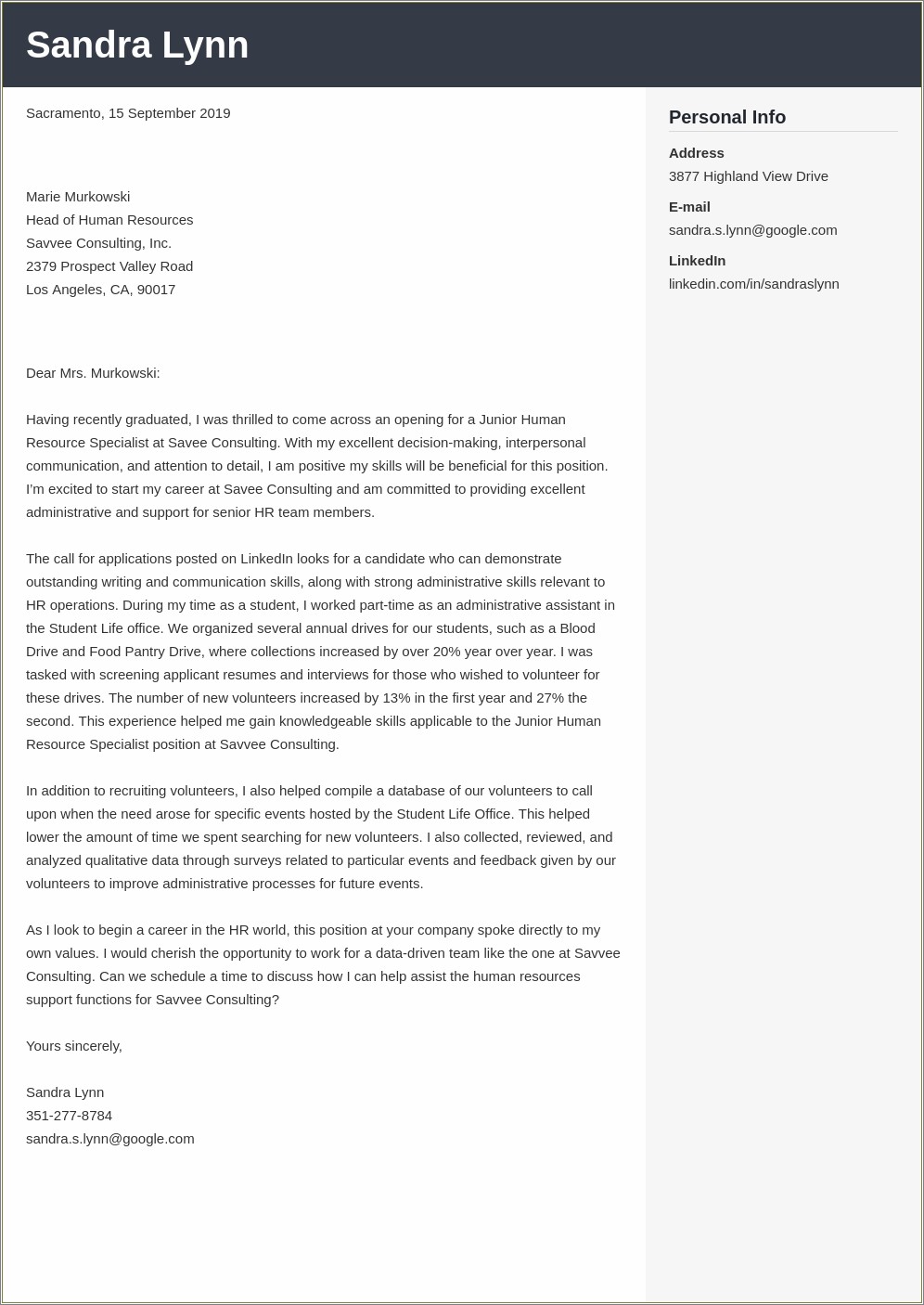 Professional Cover Letter For Resume Human Resource Sample