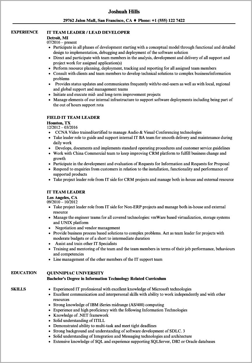 Professional Experience Resume For Crew Leader