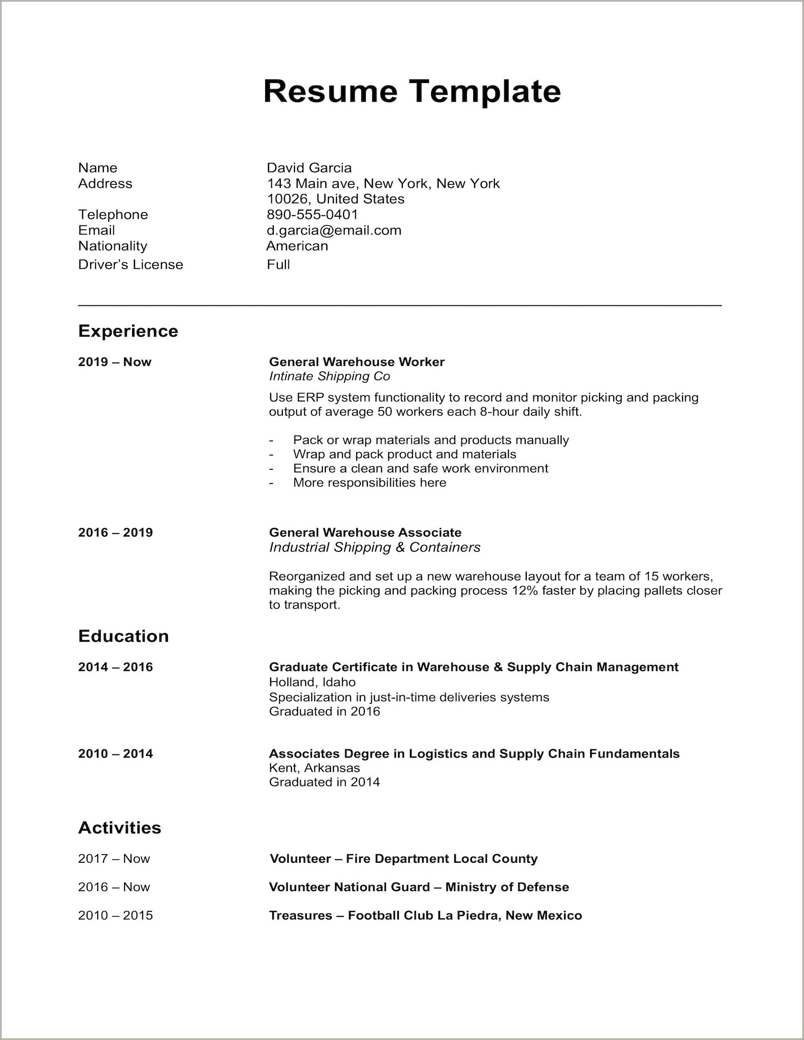 Professional Experience Resume Format In Word