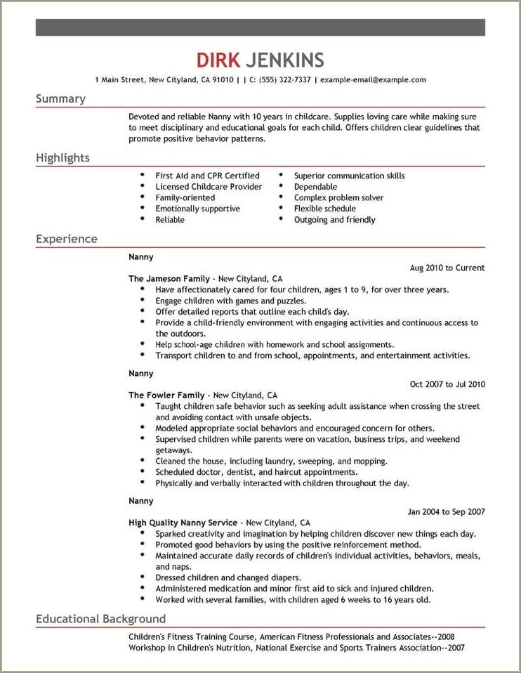 Professional Nanny Resume Ten Years Experience
