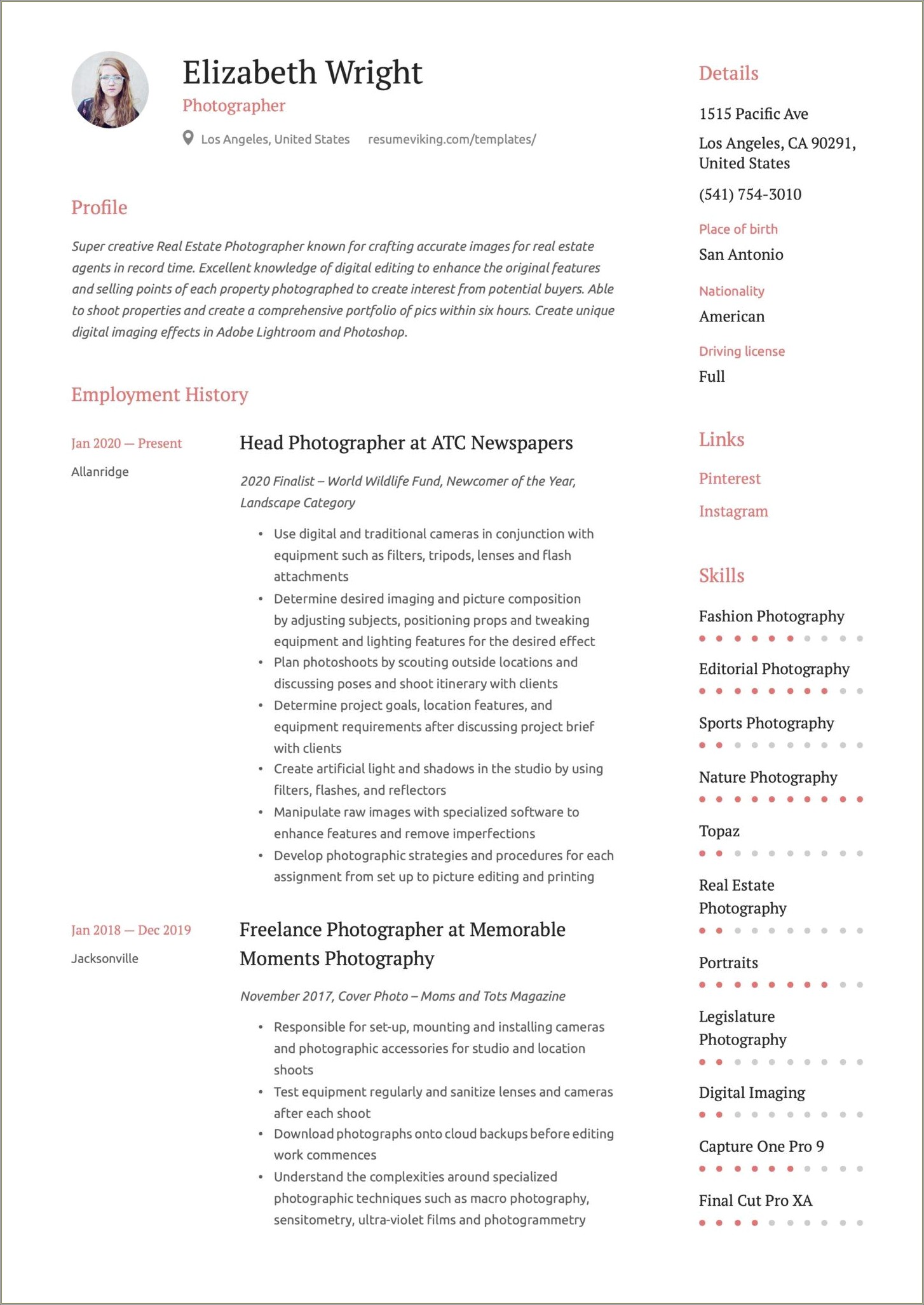 Professional Phtotgrapher Resume And Portfoliio Samples