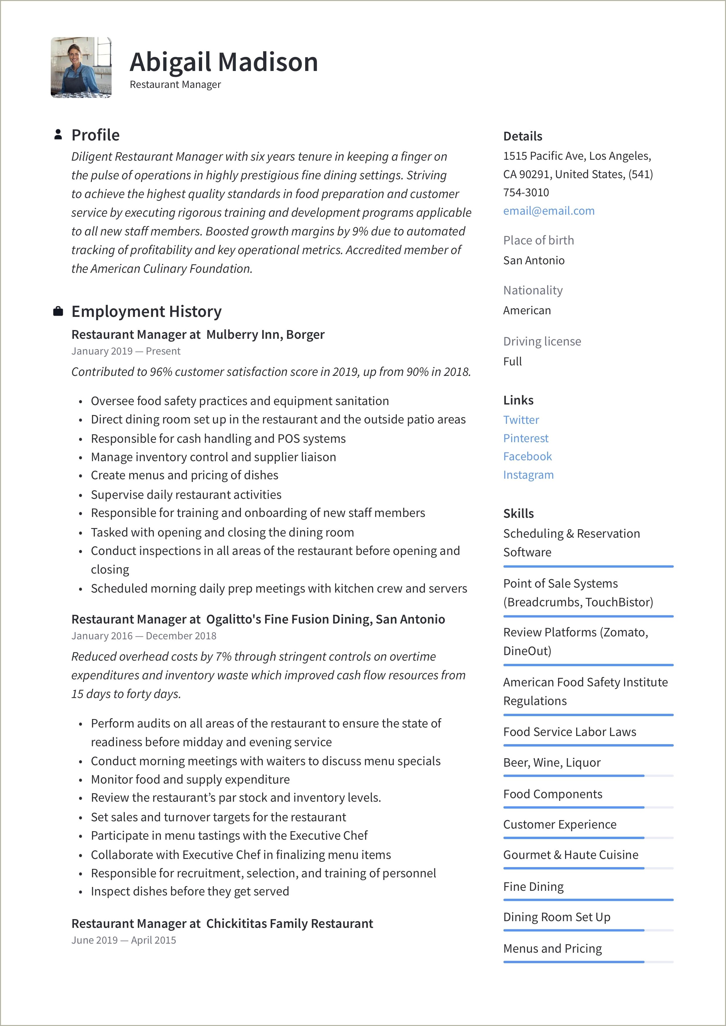 Professional Profile Resume For A Restaurant Manager