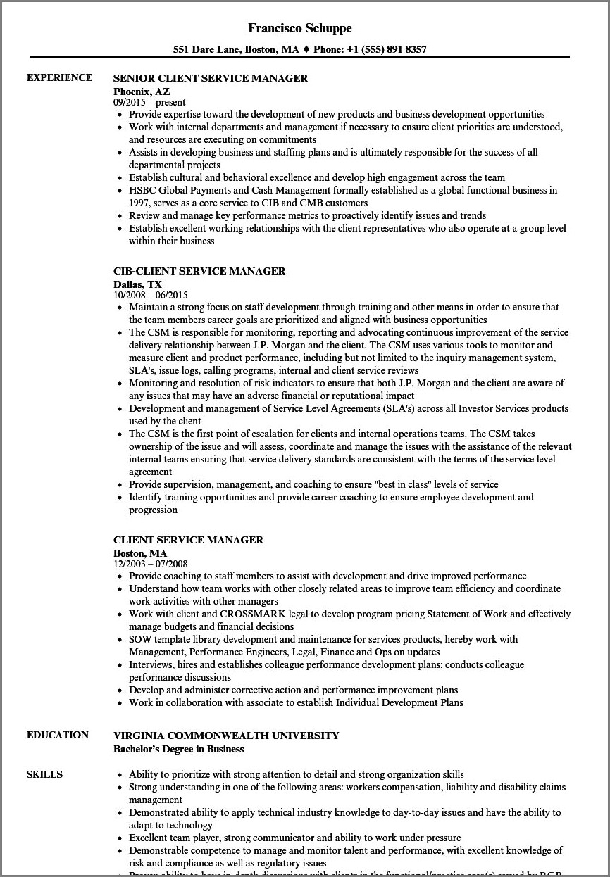 Professional Resume Customer Service Manager Example