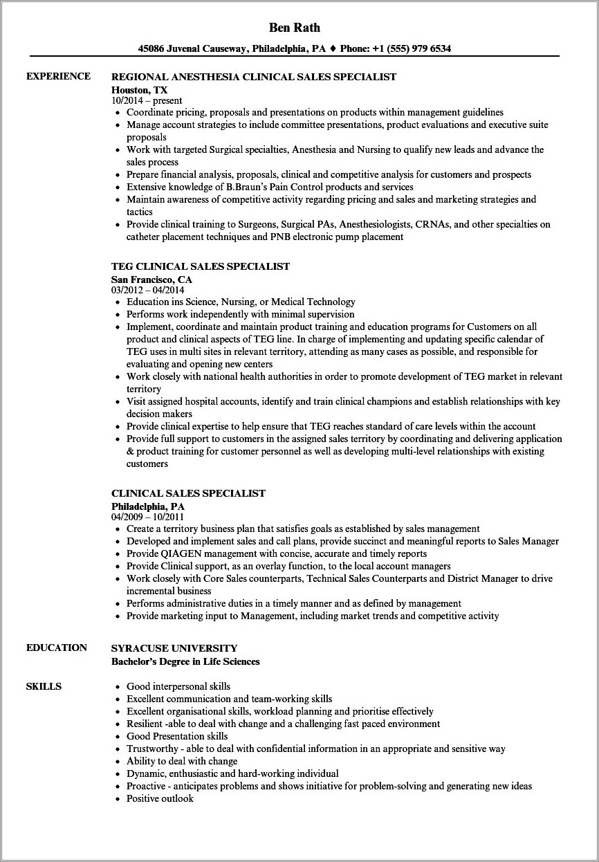 Professional Resume Example For Clincial Specialist