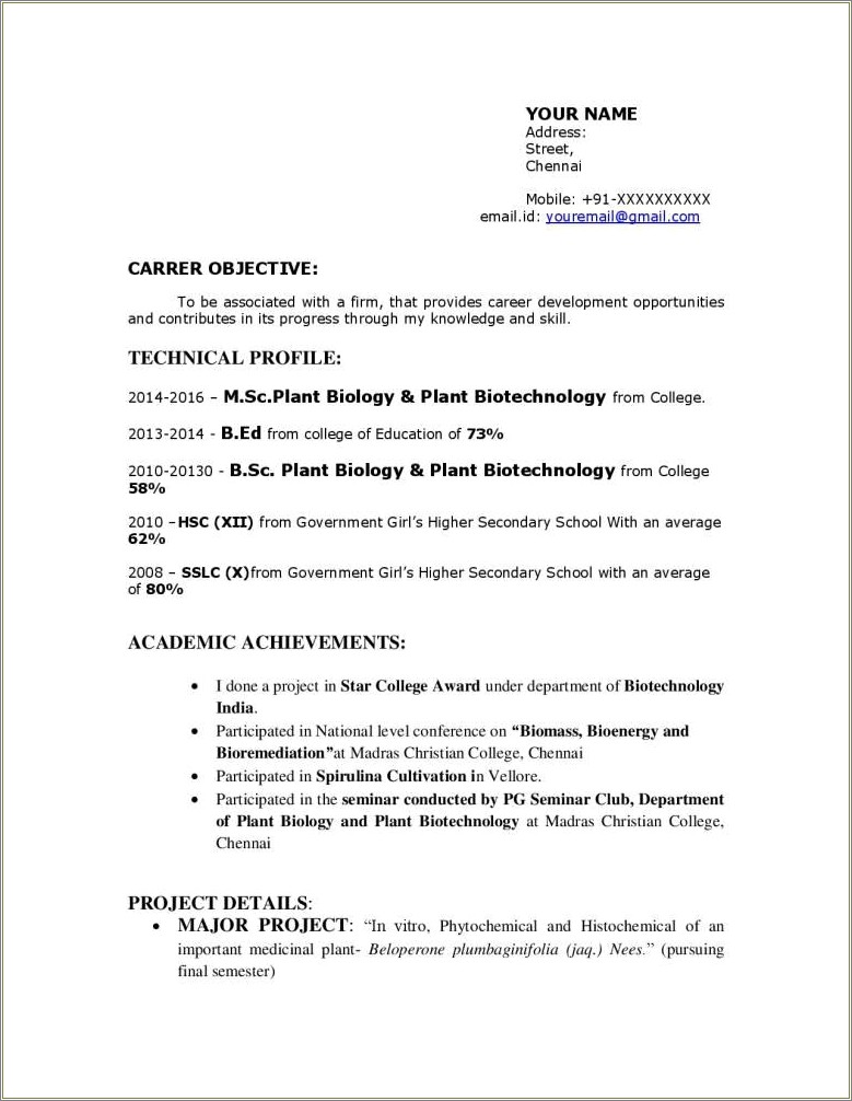 Professional Resume Format For Freshers In Word