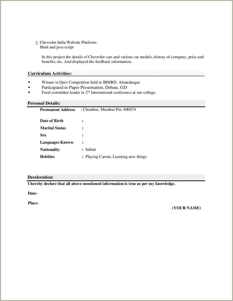 Professional Resume Format For Mca Freshers Free Download