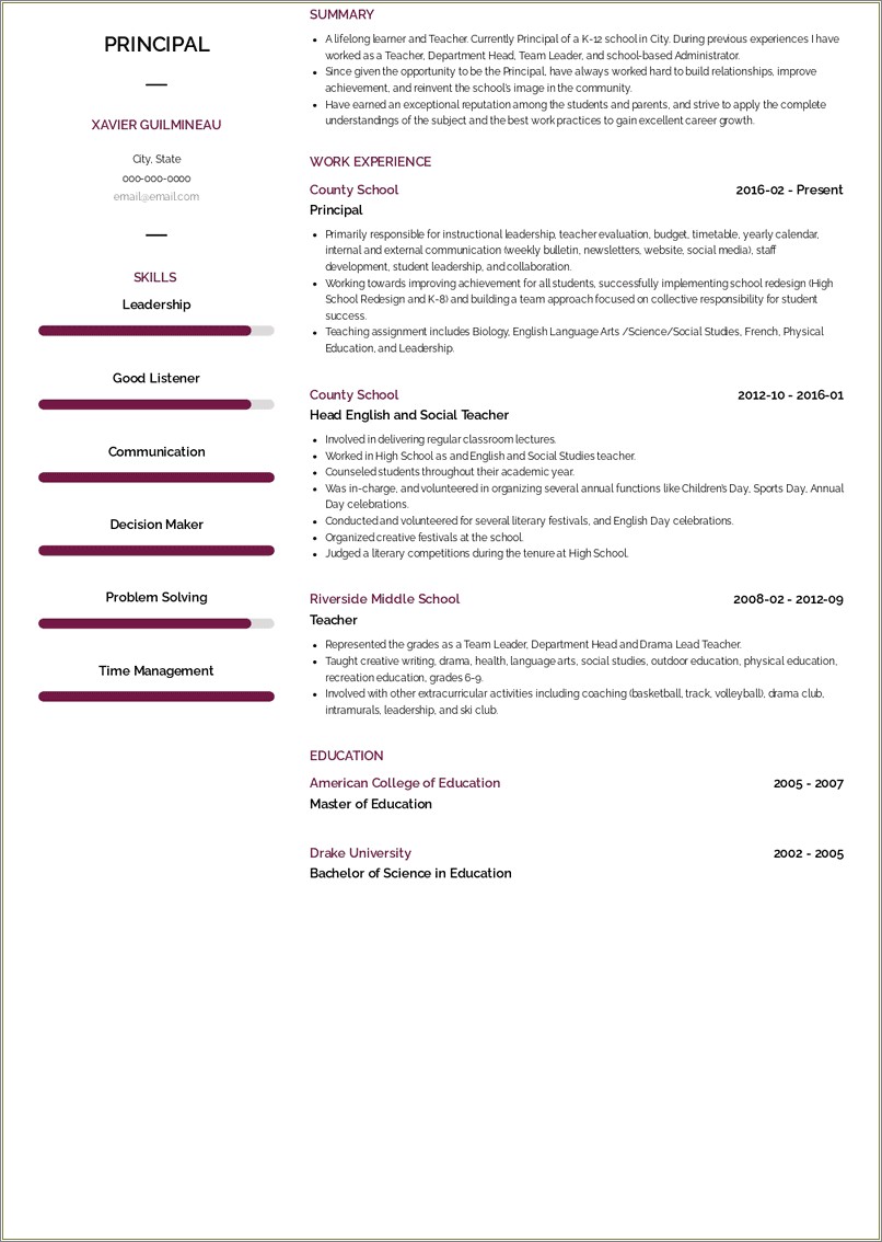 Professional Resume Format For School Principal