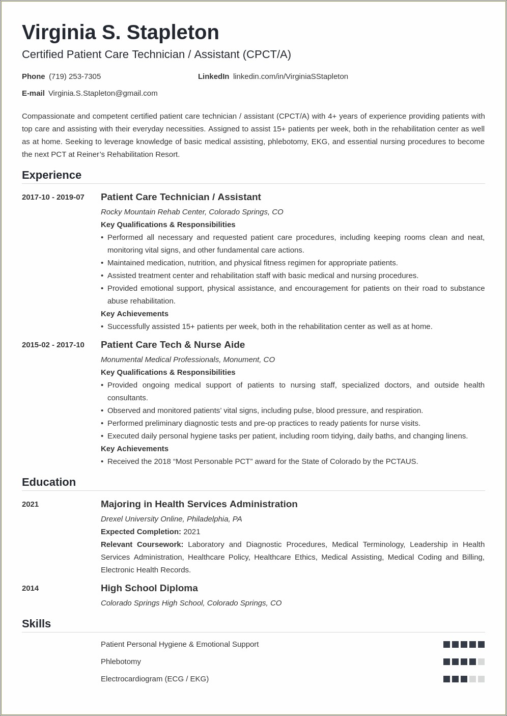 Professional Resume Template For Patient Care Technicians