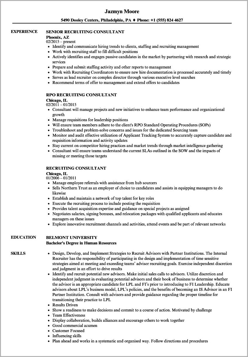 Professional Resume Template For Recruitment Consultant