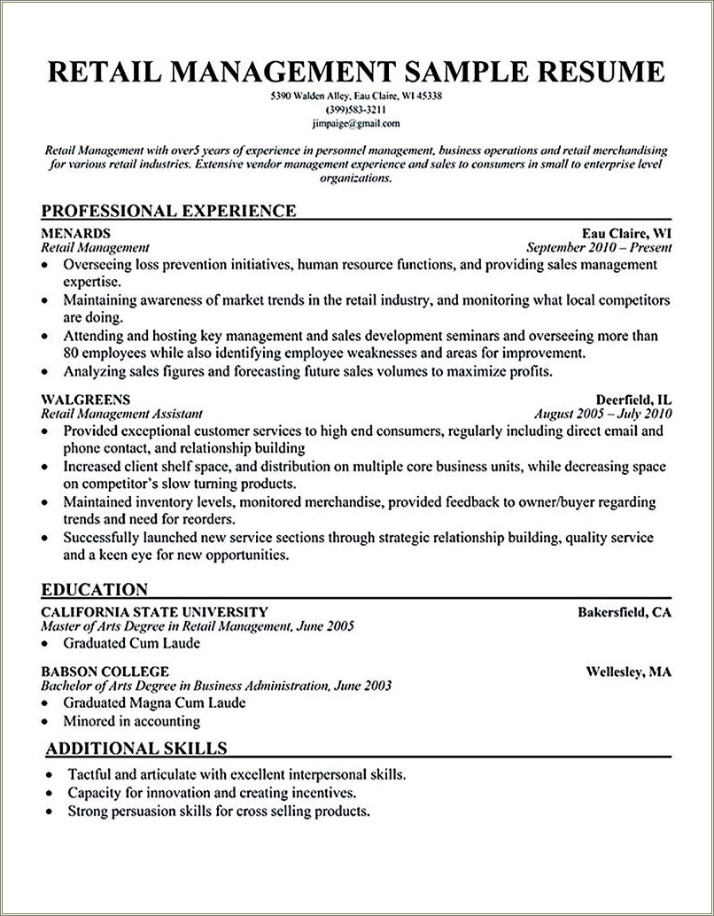 Professional Skills For Retail Resume Store Manager